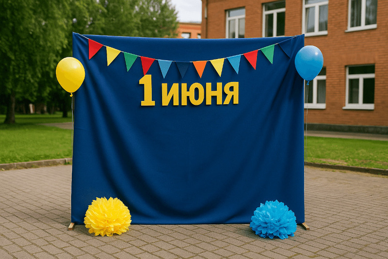 Пример, как может выглядеть фотозона: простой фон, гирлянда, надпись
